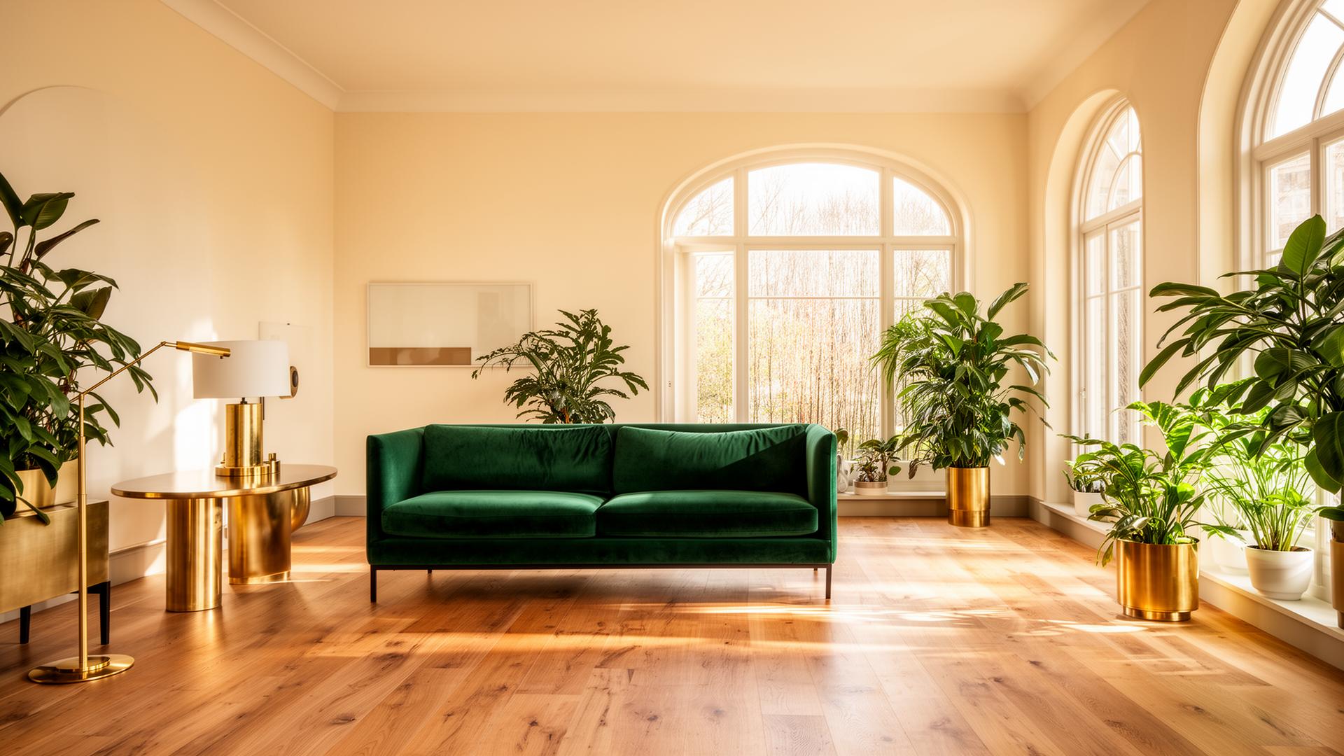 A reimagined living room with emerald velvet sofa, cream walls, and brass accents